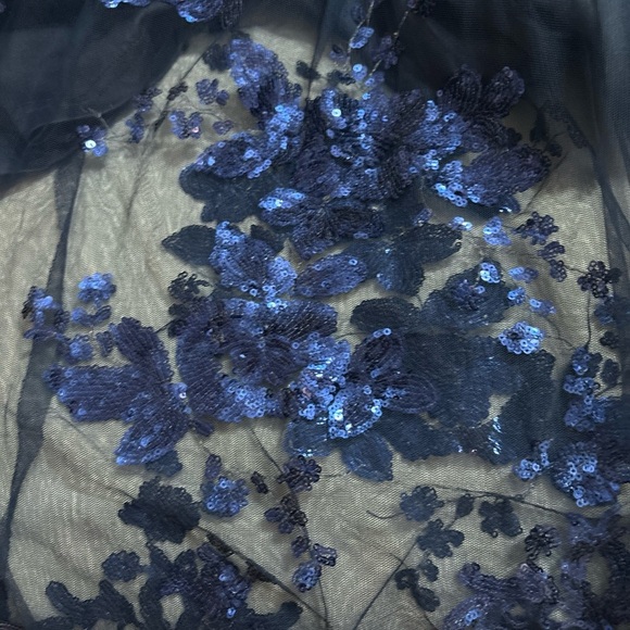 Evening Gown Navy Lace Shear Sequins Spaghetti Strap Deep V-Neck SzL Lined - Picture 10 of 12